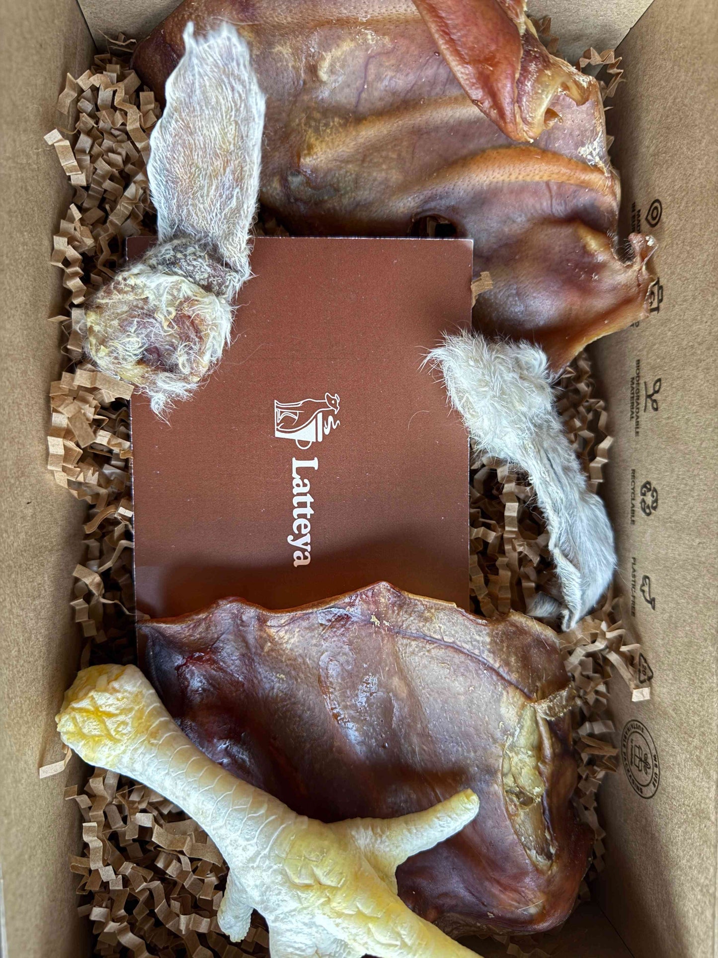 Coffret Mastications - 100% Naturel pour chien, boîte en carton décorée avec logo Latteya, idéale pour la santé bucco-dentaire canine.