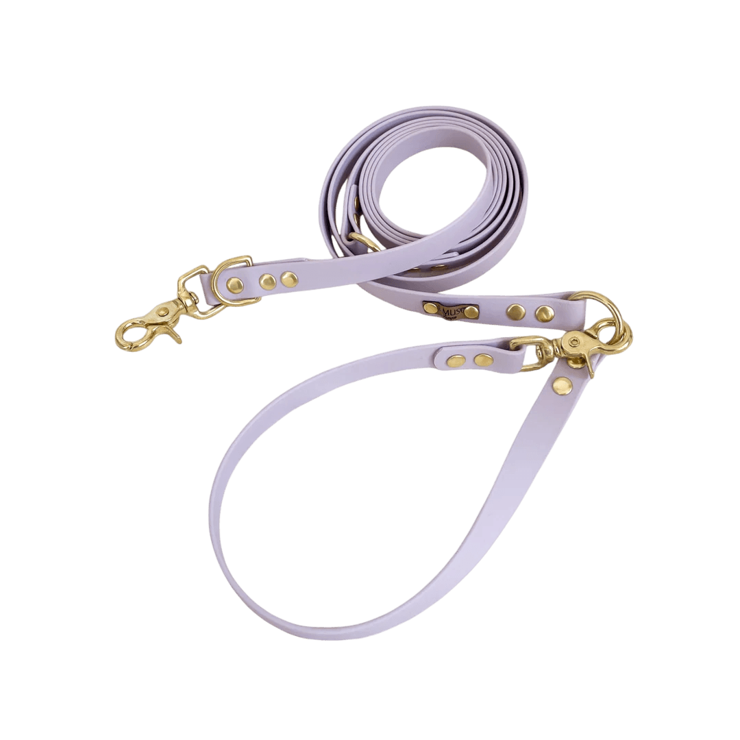 Laisse Biothane pour chiens multi positions en violet clair, souple et imperméable, idéale pour toutes les conditions météorologiques.