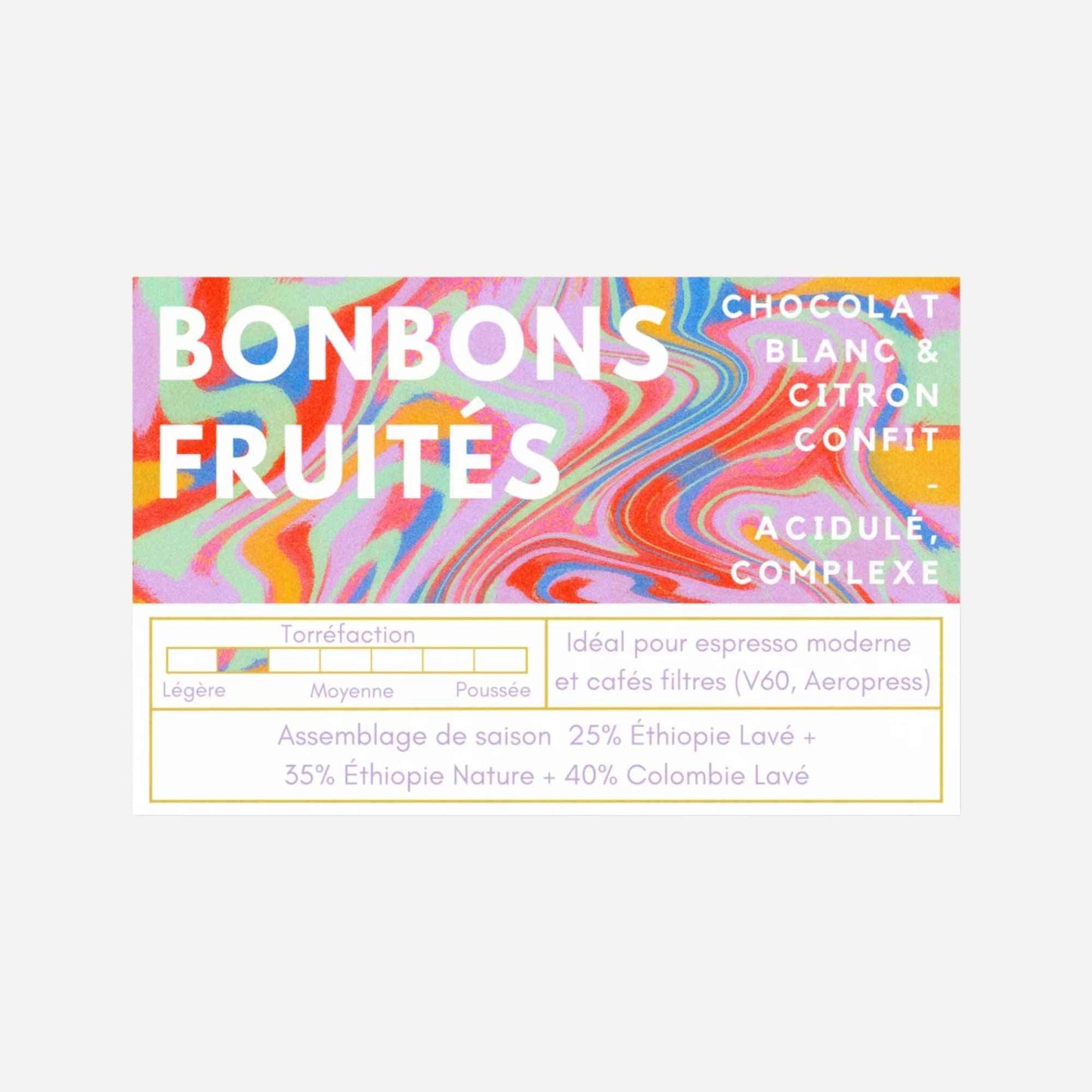 Paquet de Café Bonbons Fruités - Café Ciel 250g, mélange de grains d'Éthiopie et Colombie, saveurs fruitées et chocolat blanc.