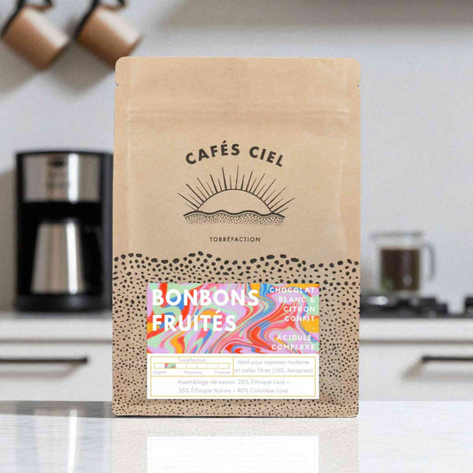 Paquet de Café Bonbons Fruités - Café Ciel 250g, mélange de grains d'Éthiopie et Colombie, saveurs fruitées et chocolat blanc.
