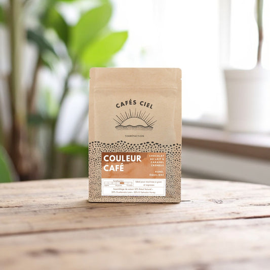 Couleur Café - Café en grains équilibré 250g avec notes de chocolat, caramel et fruits, idéal pour espresso ou latte onctueux.
