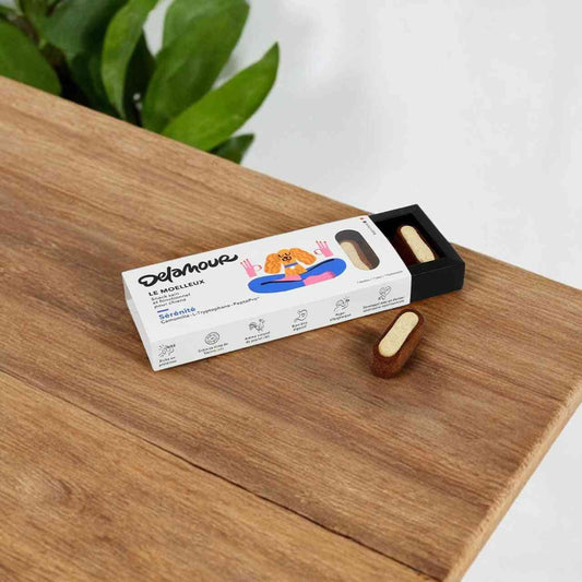 7 Moelleux Sérénité - Chien Apaisement Delamour, friandises naturelles pour chien à la camomille et tryptophane pour réduire le stress.