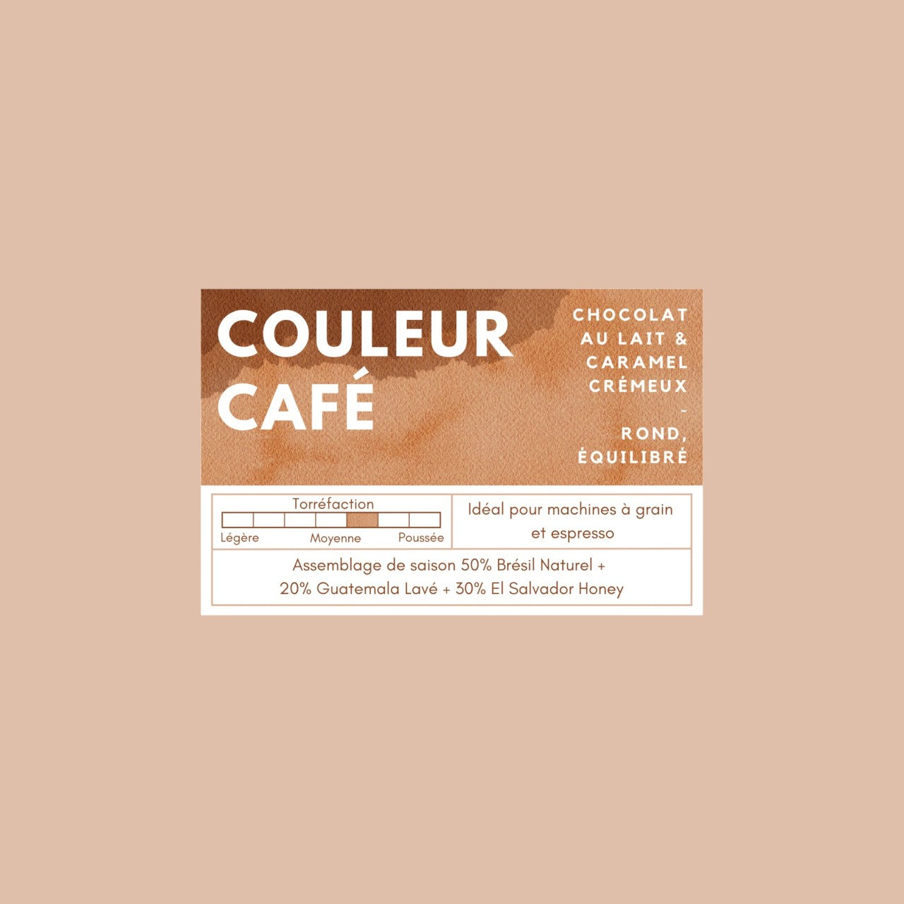 Couleur Café - Café en grains équilibré 250g avec notes de chocolat, caramel et fruits, idéal pour espresso ou latte onctueux.