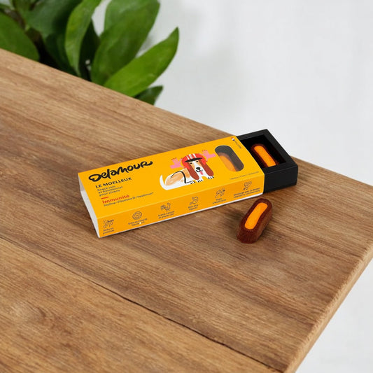 7 Moelleux Immunité Chien Delamour, friandises santé enrichies en inuline, vitamines et prébiotiques pour renforcer l’immunité canine.