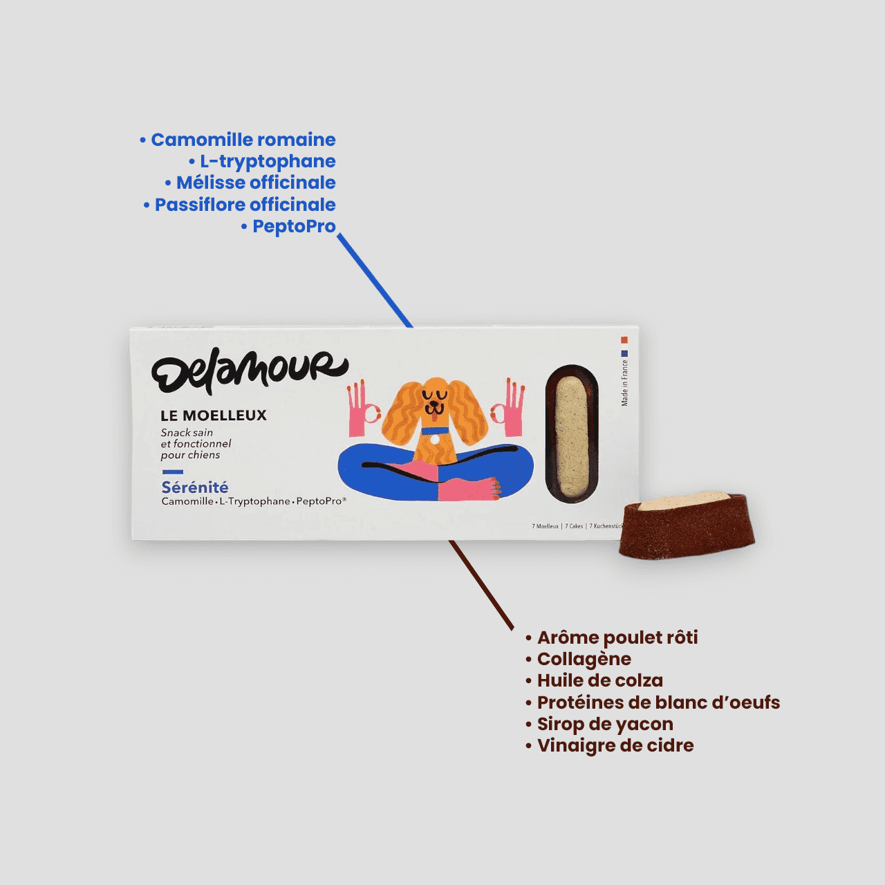 7 Moelleux Sérénité - Chien Apaisement Delamour, friandises naturelles pour chien à la camomille et tryptophane pour réduire le stress.