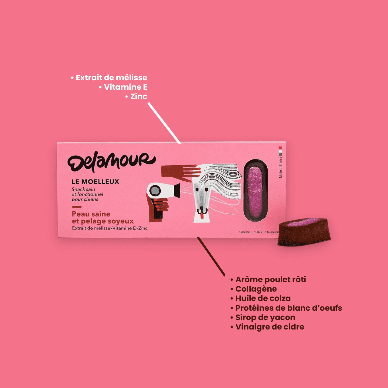 Pelage Sain Moelleux Chien - 7 Moelleux Peau | Delamour, friandises pour chien enrichies en vitamine E et zinc pour un pelage soyeux et sain.