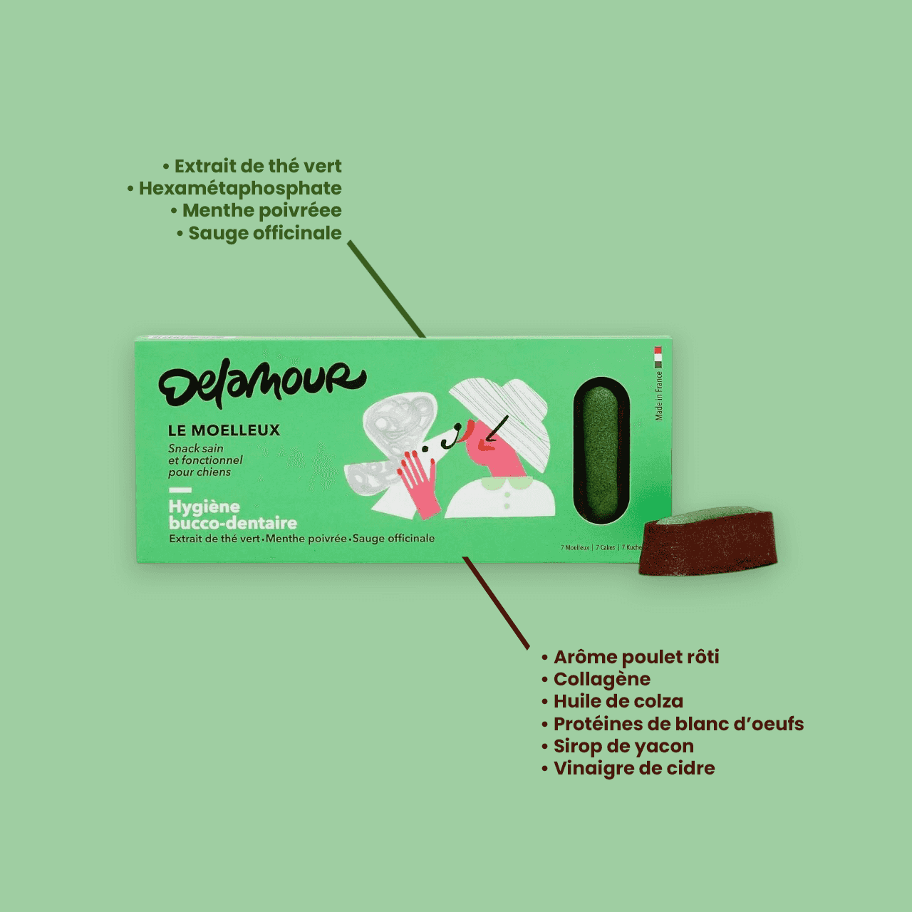 Moelleux Hygiène Dentaire Chien Delamour à la menthe poivrée et sauge, présenté dans une boîte verte avec stick semi-fondant visible. Idéal pour la santé bucco-dentaire des chiens.