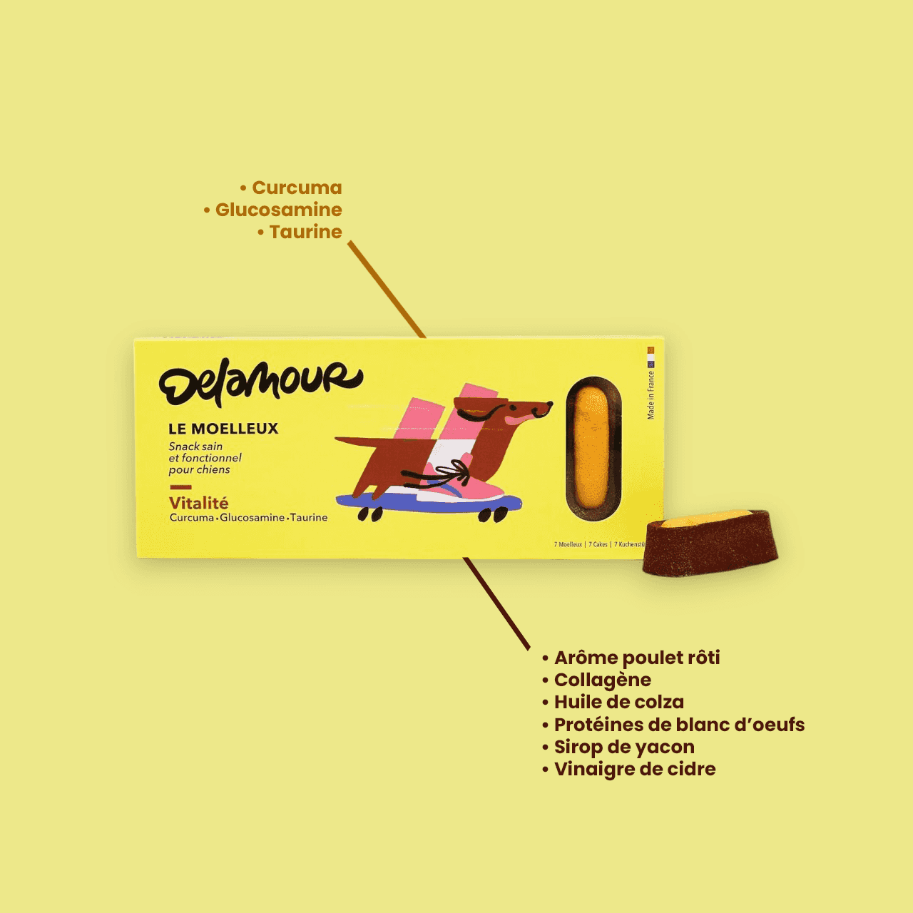 7 Moelleux Vitalité - Recette Chien Moelleux Delamour, friandises molles enrichies en curcuma, glucosamine et taurine pour chiens actifs.