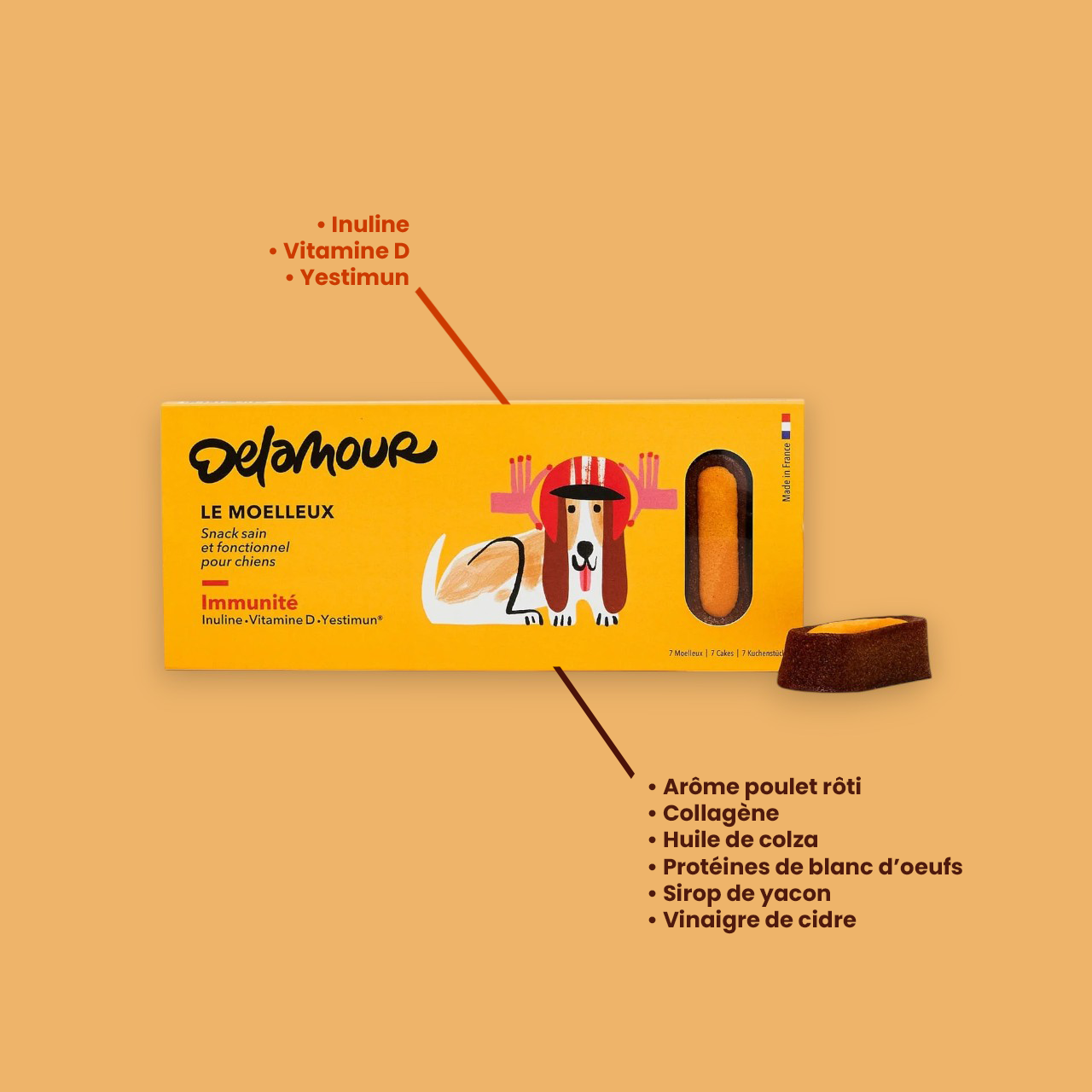 7 Moelleux Immunité Chien Delamour, friandises santé enrichies en inuline, vitamines et prébiotiques pour renforcer l’immunité canine.