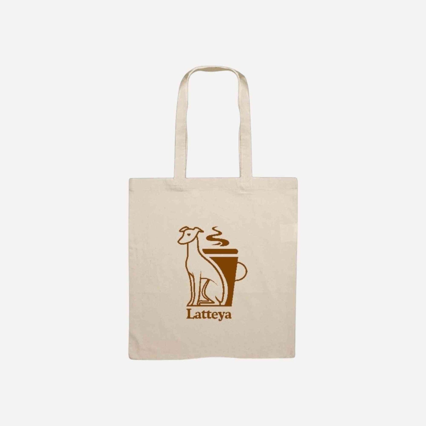 Tote Bag Latteya en coton naturel avec illustration d’un chien et d’un café, idéal pour les sorties avec ton chien. Accessoire pratique et stylé.