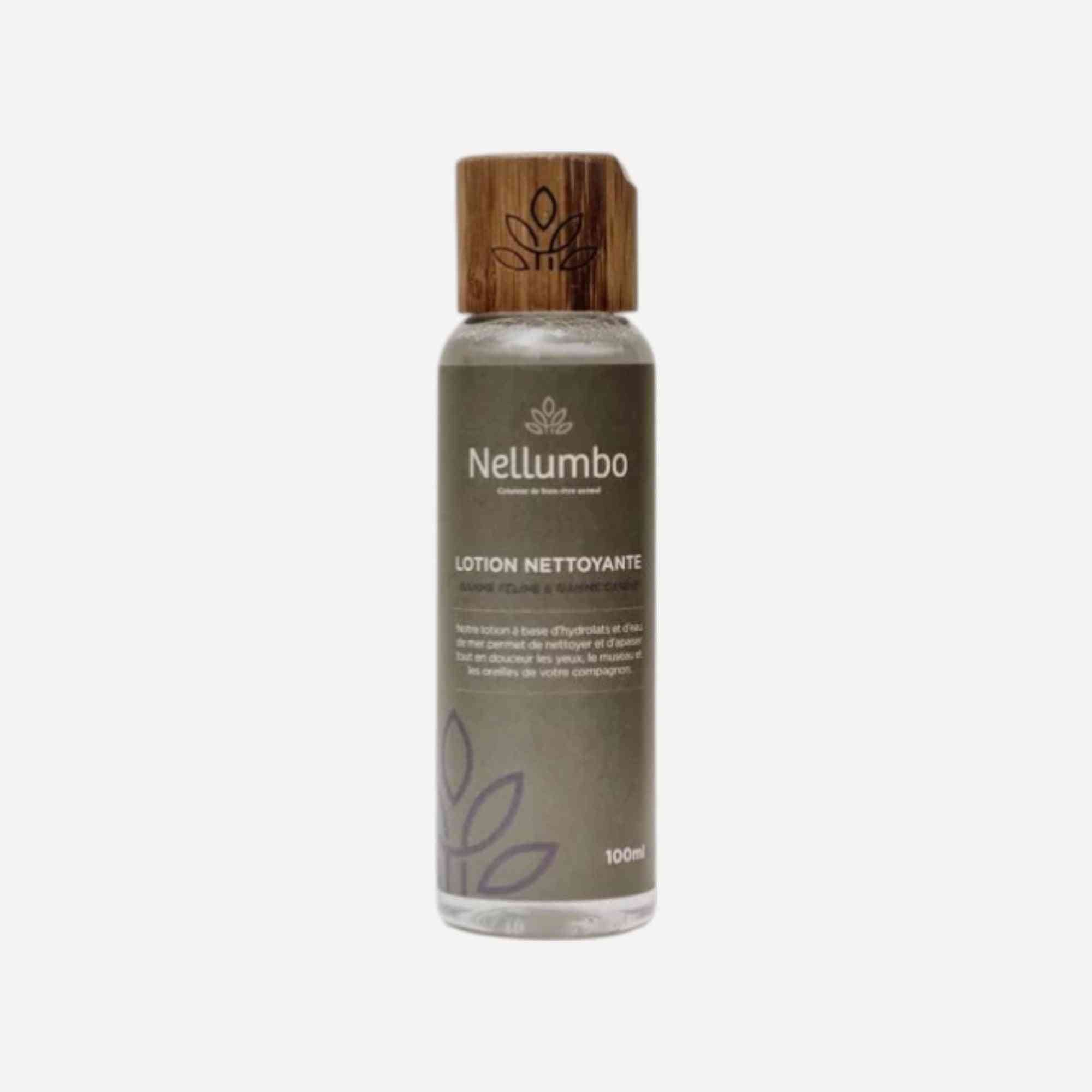 Lotion Nettoyante Animaux 100ml de la marque Nellumbo avec bouchon en bois, idéale pour le nettoyage doux des yeux et oreilles de chiens.