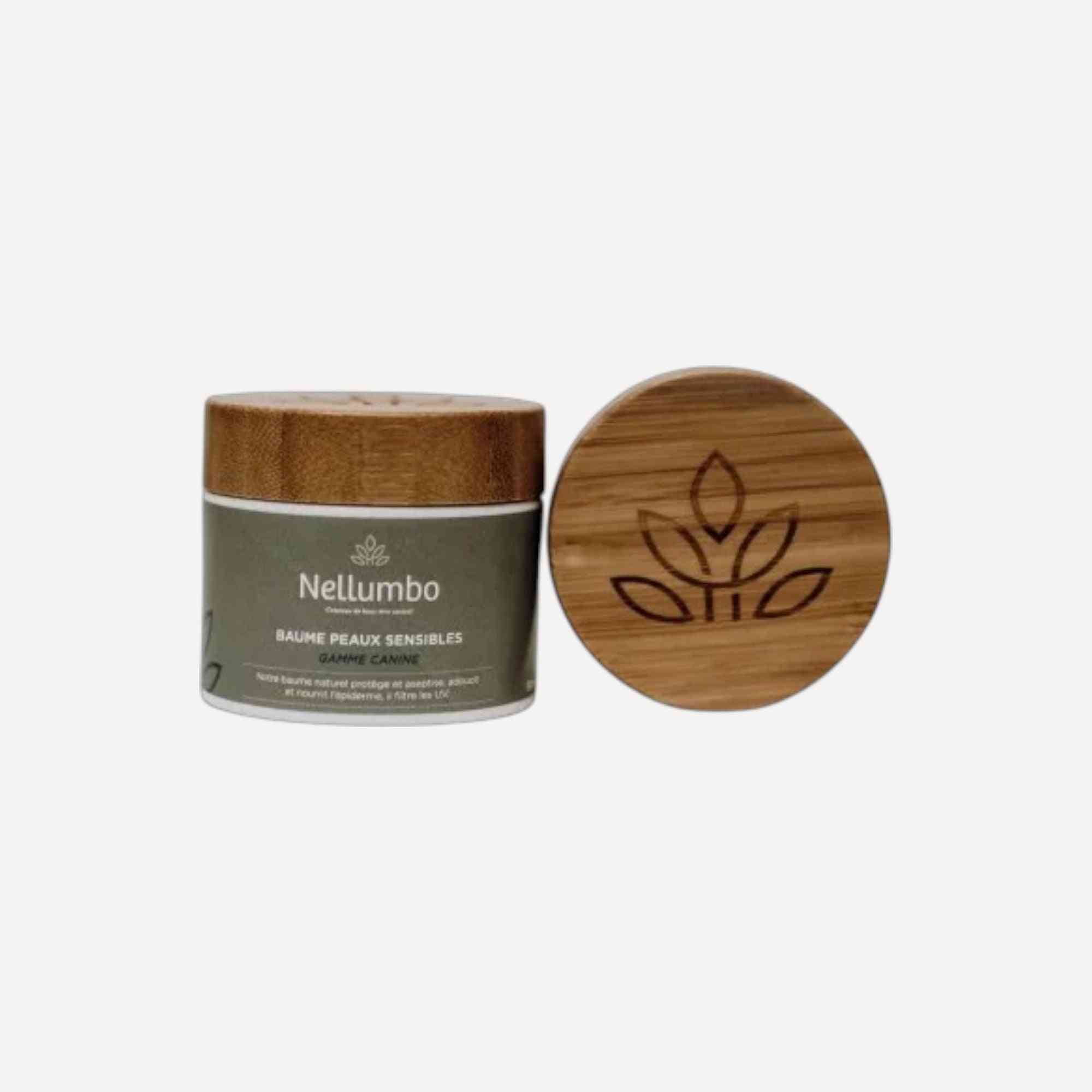 Baume Peaux Sensibles Chiens - Traitement Irritations | Soin Dogs en pot 50ml avec couvercle en bois gravé, idéal pour hydrater et apaiser la peau canine.