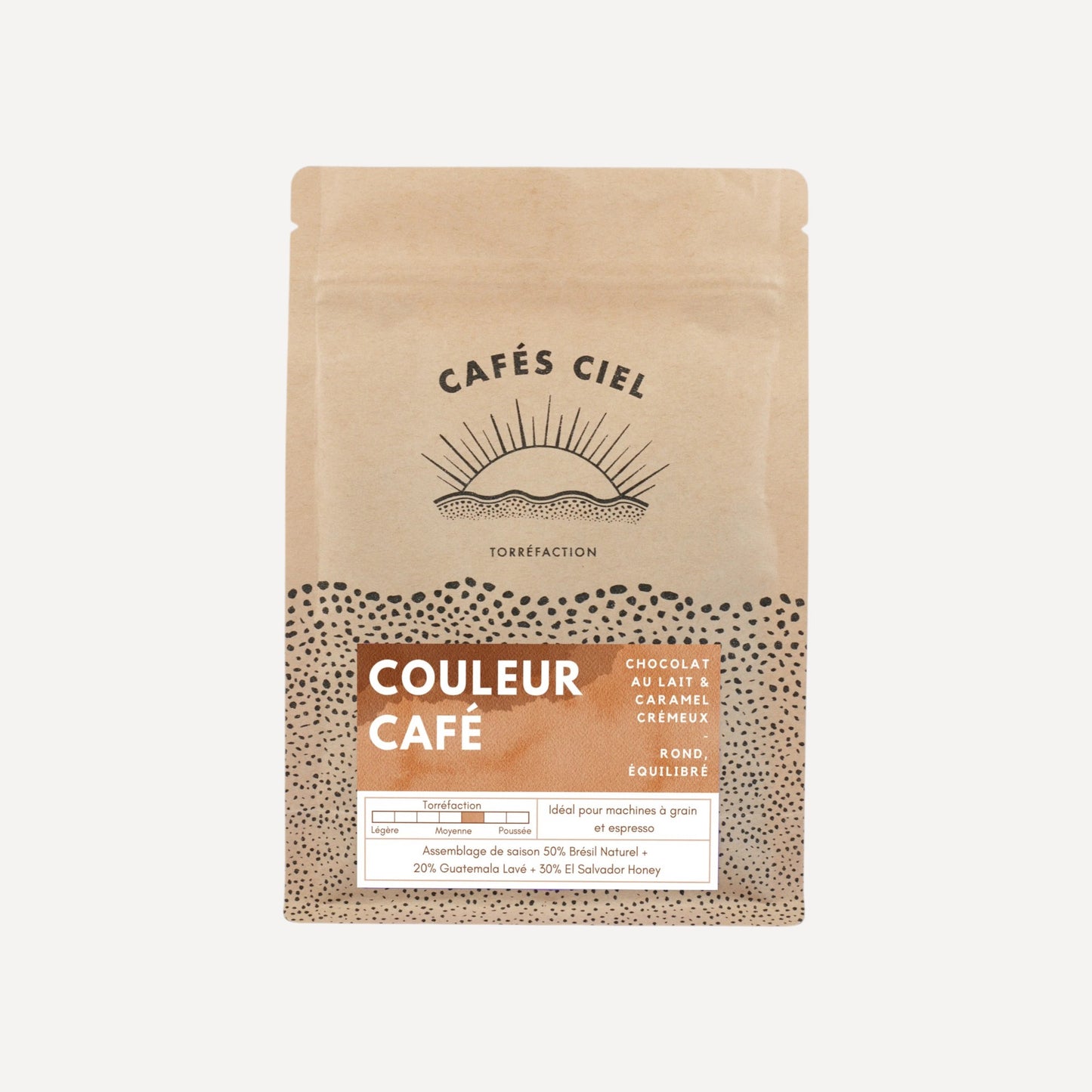 Couleur Café - Café en grains équilibré 250g avec notes de chocolat, caramel et fruits, idéal pour espresso ou latte onctueux.