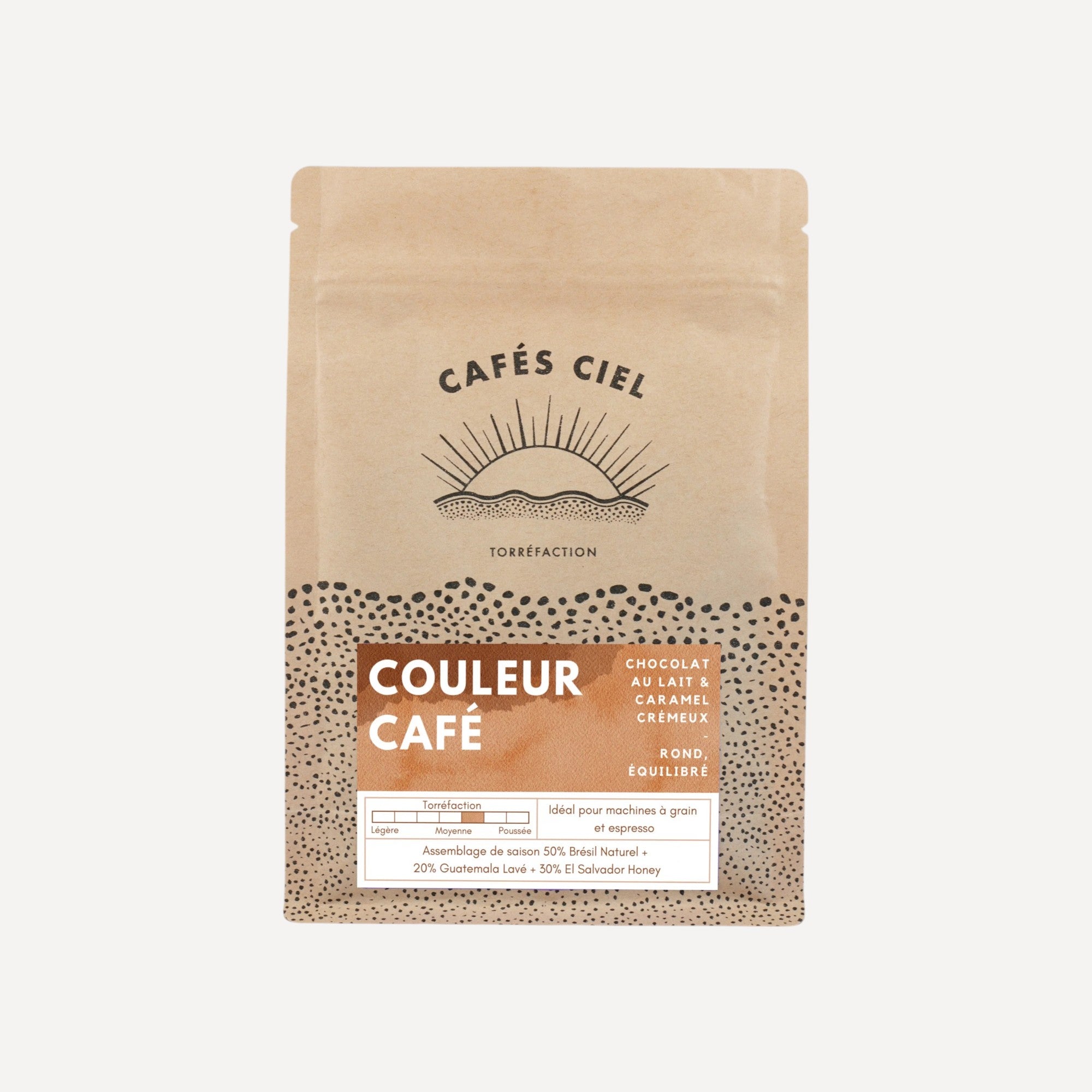 Couleur Café - Café en grains équilibré 250g avec notes de chocolat, caramel et fruits, idéal pour espresso ou latte onctueux.