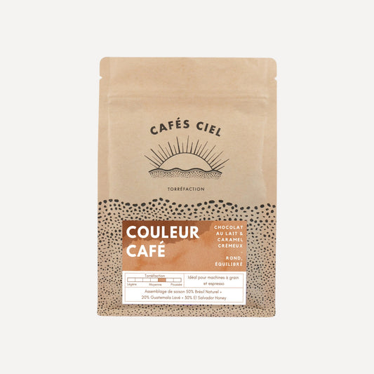 Couleur Café - Café en grains équilibré 250g avec notes de chocolat, caramel et fruits, idéal pour espresso ou latte onctueux.