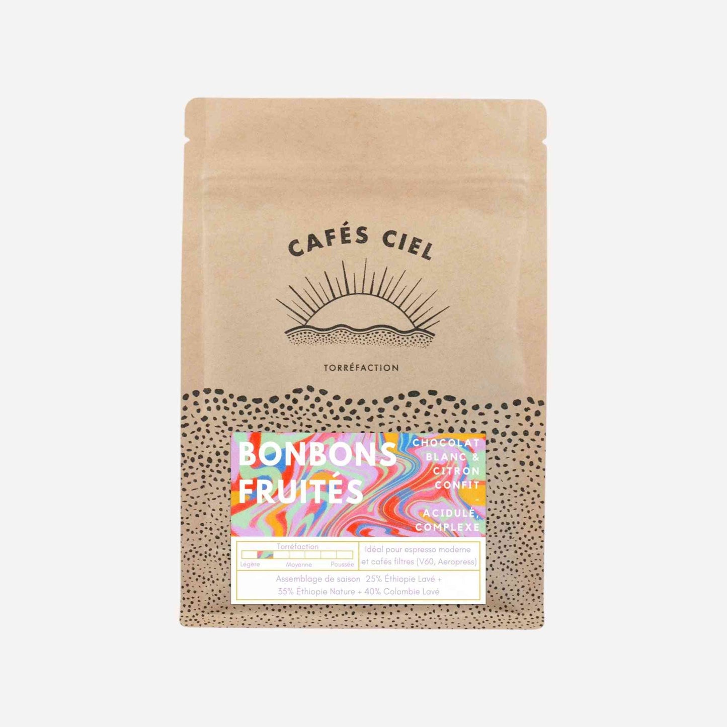 Paquet de Café Bonbons Fruités - Café Ciel 250g, mélange de grains d'Éthiopie et Colombie, saveurs fruitées et chocolat blanc.