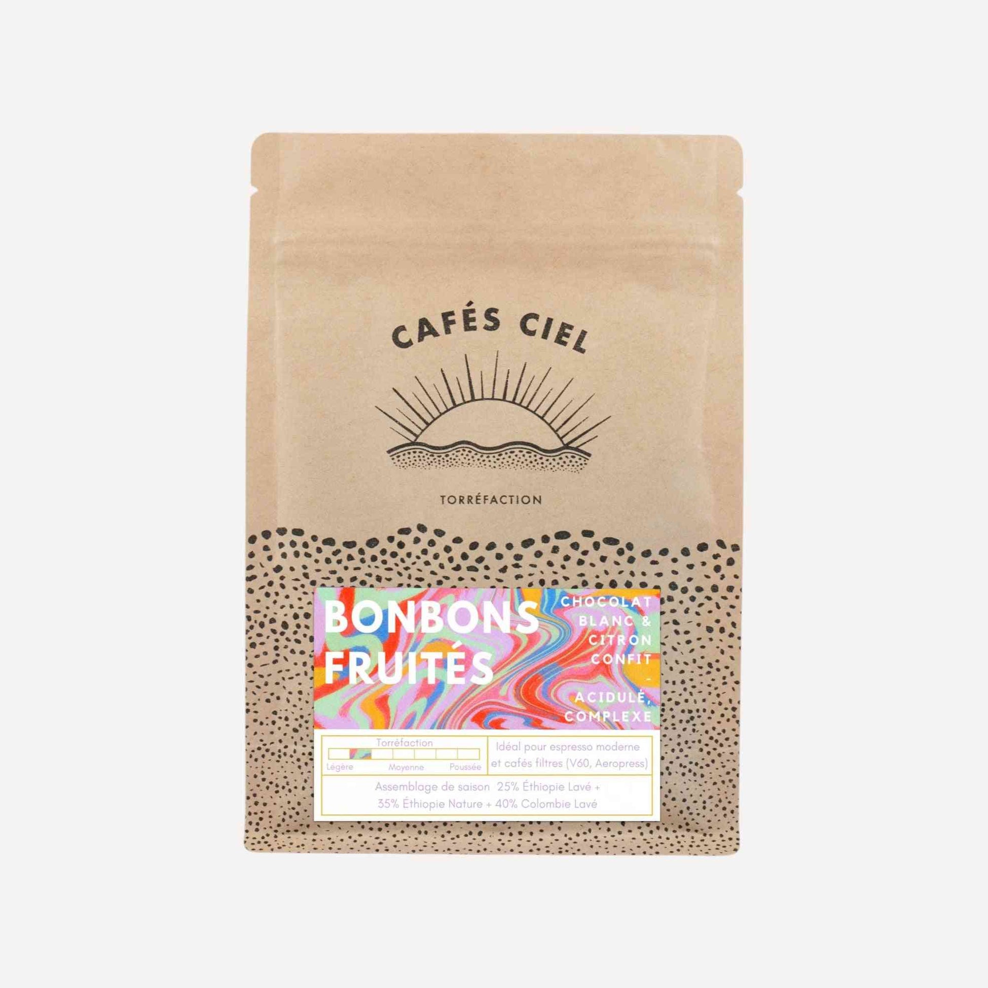 Paquet de Café Bonbons Fruités - Café Ciel 250g, mélange de grains d'Éthiopie et Colombie, saveurs fruitées et chocolat blanc.