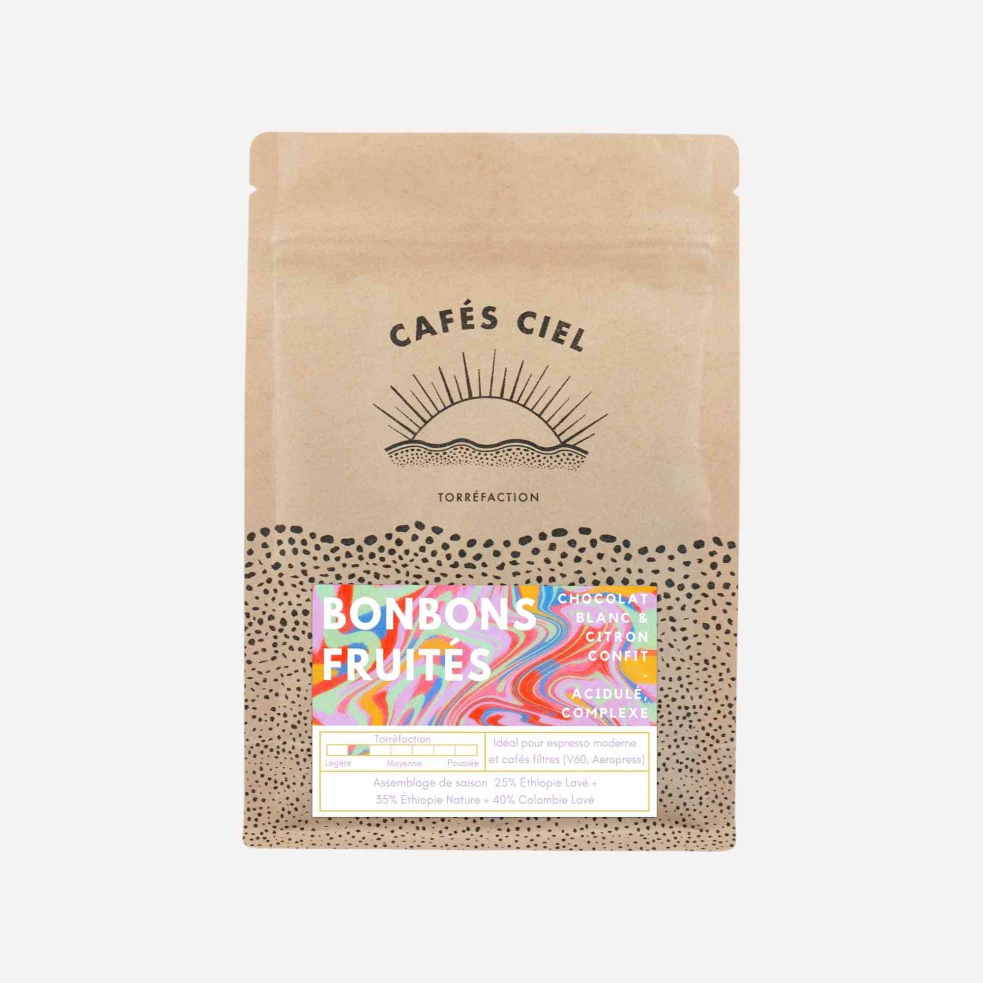 Paquet de Café Bonbons Fruités - Café Ciel 250g, mélange de grains d'Éthiopie et Colombie, saveurs fruitées et chocolat blanc.