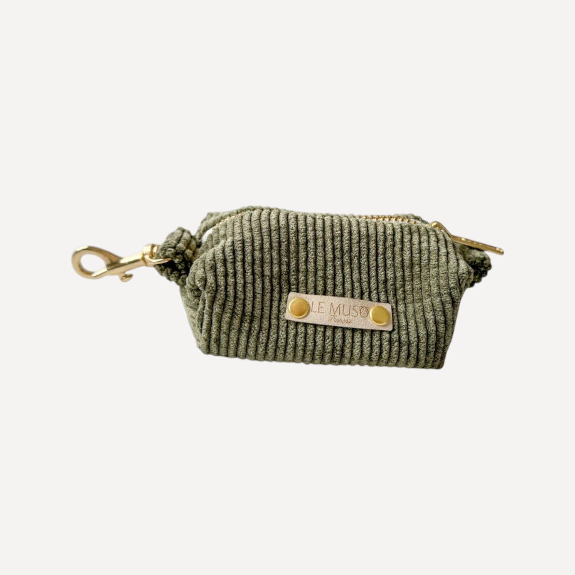 Distributeur sacs en velours côtelé avec œillet doré et mousqueton, accessoire pratique pour animaux, fabriqué en France.