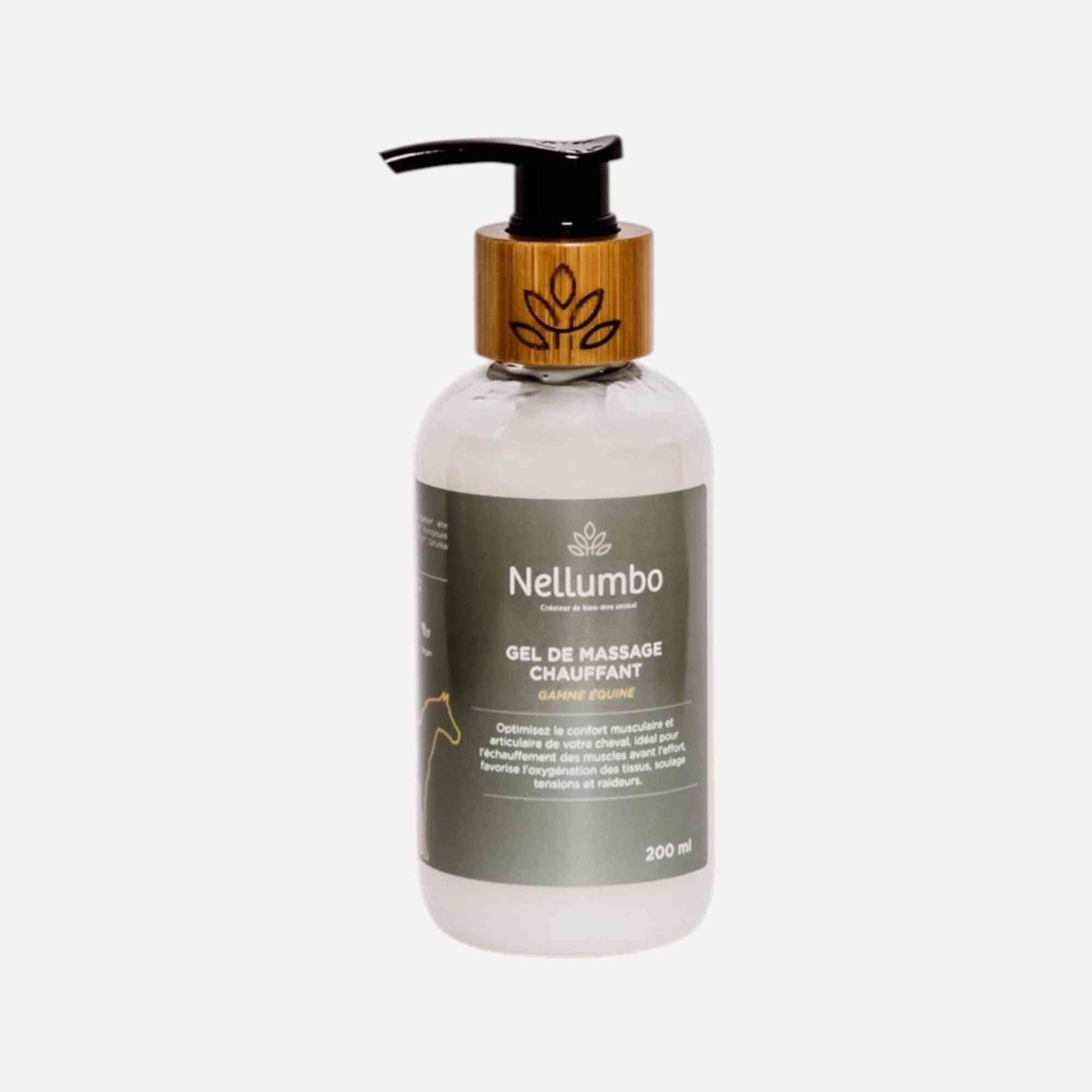 Gel massage cheval chauffant Nellumbo 200ml pour soulager les muscles des chevaux. Soin équin idéal après l'effort pour détente et récupération.