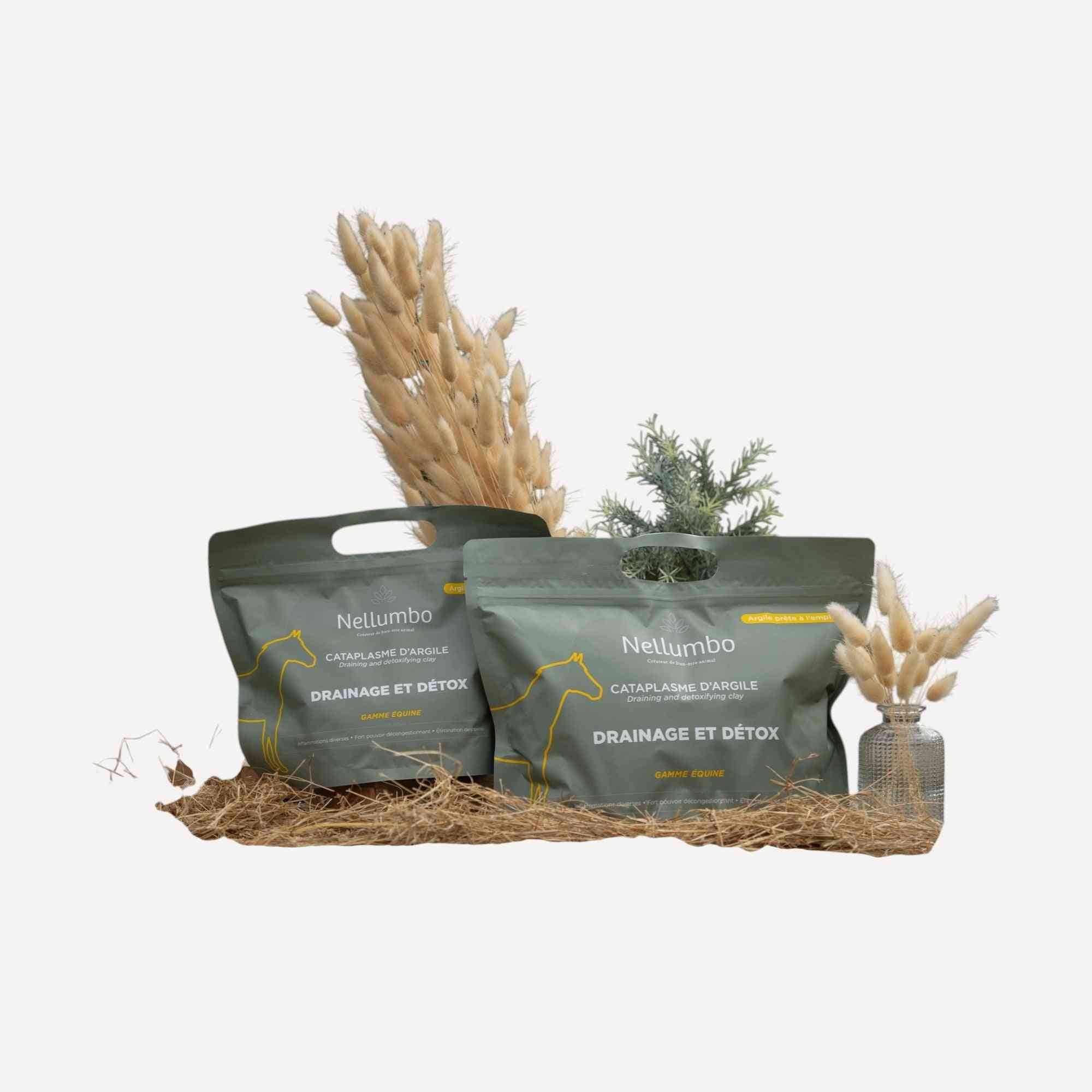 Argile Verte Chevaux - Drainage et Détox en sachets Nellumbo, idéale pour la circulation sanguine et la récupération équine après l'effort.